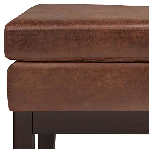 SIMPLIHOME Carlson Small Ottoman Bench - 27 inch Wide Upholstered Woven Fabric Rectangle Ottoman in Distressed Saddle Brown, Mid Century Modern Bench for Bedroom or Living Room with Padded Seat - color: Distressed Saddle Brown, style: Small Ottoman Bench