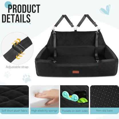 HEGGCOOE Large Dog Car Seat Under 100 lbs, Washable Dog Car Bed for 2 Medium Dogs, Detachable Pet Booster Seat with Storage Pocket and Seat Belt for Back Seat Dog Travel Bed - color: Black