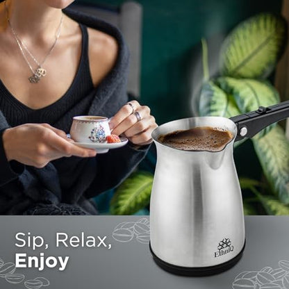 ETHNIQ Turkish Coffee Pot - Stainless Steel, 120V, 1 to 4 Cup Capacity, Coffee Maker with Foldable Handle for Home & Travel & on-off Button (Slow Brew) - color: Slow Brew