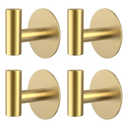 Gold Stainless Steel Wall Hooks, Heavy Duty Self-Adhesive Hooks for Coats, Towels, Robes, Hats, Aprons – No Drill Bathroom, Kitchen, Hotel (4 Pack) - color: Gold, size: Adhesive "T" Shape- 4 Pack