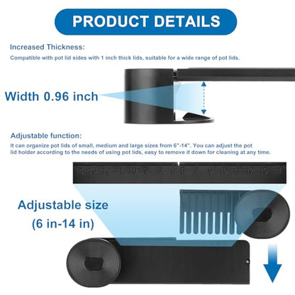 YONGAIJIA New Upgrade 4 Pack Adjustable Pot Lid Holder, Lid Organizer Fits 6" to 14" Lids, with Screw Hole Position and Sticky Wall Mounted Lid Storage Kitchen Cabinets, Cabinet Doors (Black) - color: Black