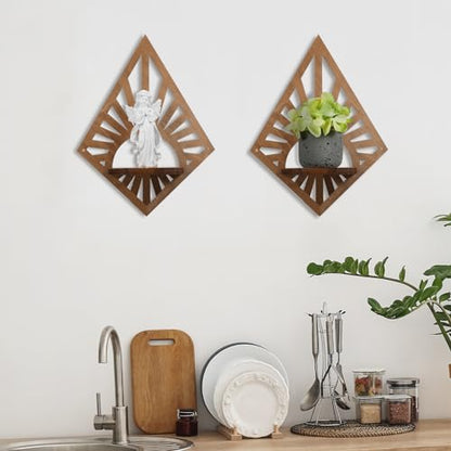Menkxi 2 Pcs Boho Floating Shelves Wood Bohemian Decorative Display for Plants and Candles Boho Wall Art for Bedroom Living Room Bathroom Mini Mounted Plant Decor 14.17 x 10.63 Inch(Diamond)