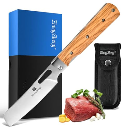 ZhengSheng Folding Chef Knife with Nylon Pouch 4.8” Ultra Sharp 440A Stainless Steel Blade Natural Olive Handle Pocket Foldable Japanese Style Kitchen Knife for Outdoor Camping BBQ trip Cooking. - color: #4 Natural Olive Handle - Black Nylon Pouch
