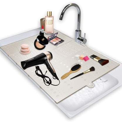 BRIAN & DANY Makeup Mat for Sink, Bathroom Sink Cover for Counter Space, Foldable Silicone Sink Mat Organizer Countertop RV Space Saver, Beige, 19.3" x 15.5" - color: Beige