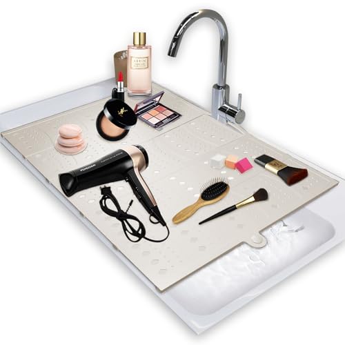 BRIAN & DANY Makeup Mat for Sink, Bathroom Sink Cover for Counter Space, Foldable Silicone Sink Mat Organizer Countertop RV Space Saver, Beige, 19.3" x 15.5" - color: Beige