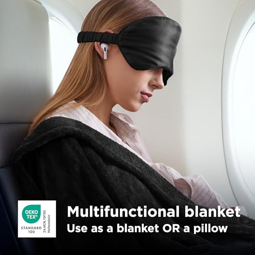 Bedsure Travel Blanket Airplane Compact with Storage Bag, Packable Blanket with Eye Mask, Lightweight 2-in-1 Travel Essentials, Functioned as Pillow for Airplane Comfort and Warmth, Black - color: Black