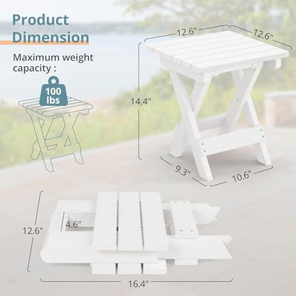 LUE BONA Small Outdoor Folding Side Table, HDPS Outside End Table for Patio, Porch, Deck, Pool, 14 Inch Height, White - color: White