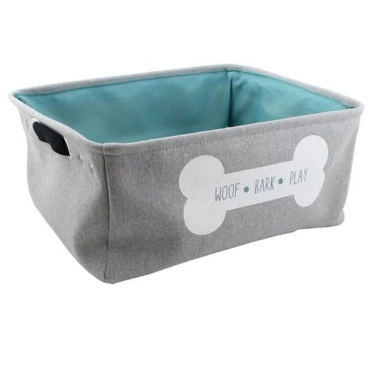 Pet Toy Storage Basket – Collapsible Fabric Bin for Dogs & Cats, Rectangular Pet Toy Box Organizer for Toys, Leashes, Blankets & Supplies (Grey with White Bone – Woof Bark Play, 17"x13") - color: Grey with White Bone – Woof Bark Play, size: 17"x13"