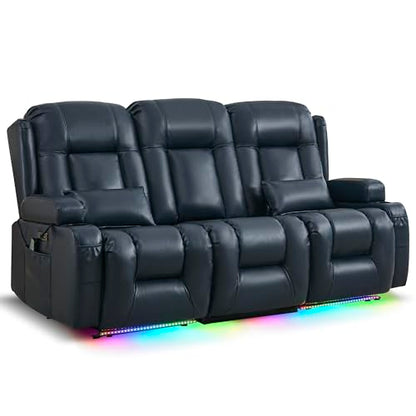 URRED Power Loveseat Recliner Sofa with Massage and Heat, Wall Hugger Reclining Loveseat with Console, RV Couch Home Theater Seating with LED Lights for Living Room (Dark Blue, 76.8" - 3 Seats) - color: Dark Blue, size: 76.8" - 3 Seats