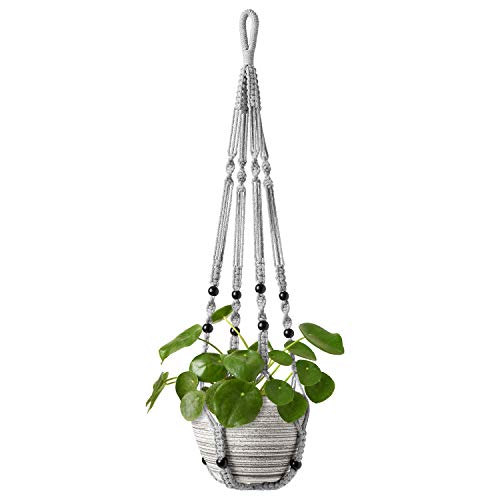 Mkono Macrame Plant Hanger Indoor Hanging Planter Basket with Wood Beads Decorative Flower Pot Holder No Tassels for Indoor Outdoor Boho Home Decor 35 Inch, Grey, Set of 1 (POTS NOT Included) - color: Gray