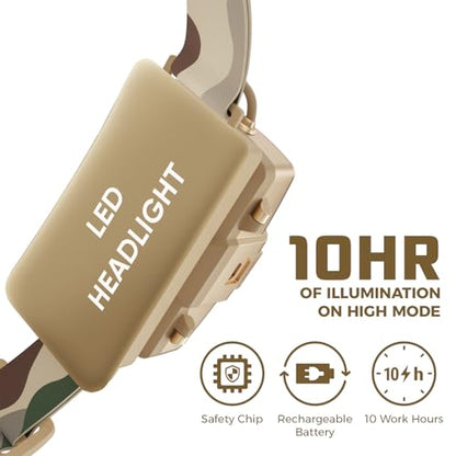 DanForce Camouflaged Headlamp Ultra Bright USB Rechargeable Head lamp. Tactical Head Flashlight Designed Especially for Hunting & Fishing. LED Headlamps LUMINUS 1080 Lumens Headlight with Red Light - color: Proxima