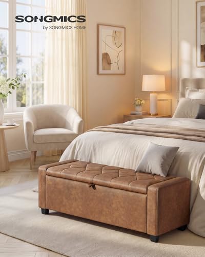 SONGMICS Storage Ottoman, Storage Chest Bench with Legs, End of Bed Bench with Safety Hinges, Pull Tab, for Living Room, Bedroom, 19.7 x 47.6 x 16.5 Inches, Synthetic Leather, Coffee Brown ULOM521KQ01 - color: Coffee Brown, style: Modern