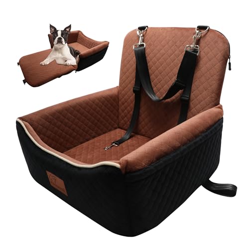 Dog Car Seat Bed 2 in 1 for Small/Medium Dogs up to 35 lbs,Adjustable Safety Leashes,Memory Foam with Soft Fabric Pets Travel Car Bed,Easily Installed in Front and Back seat,Removable and Washable. - color: Black outside Brown inside