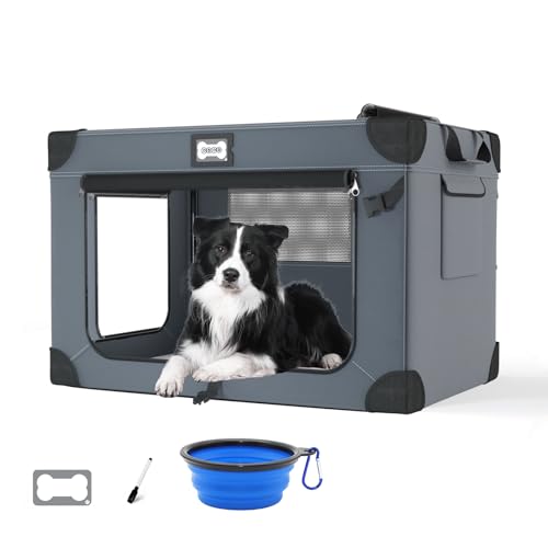 36 Inch Soft Dog Crates, Portable Travel Crate for Large Dogs, 3-Door Foldable Soft Kennel with Mesh Windows for Indoor & Outdoor Travel, with Blanket and a Foldable Bowl - color: Blue-L
