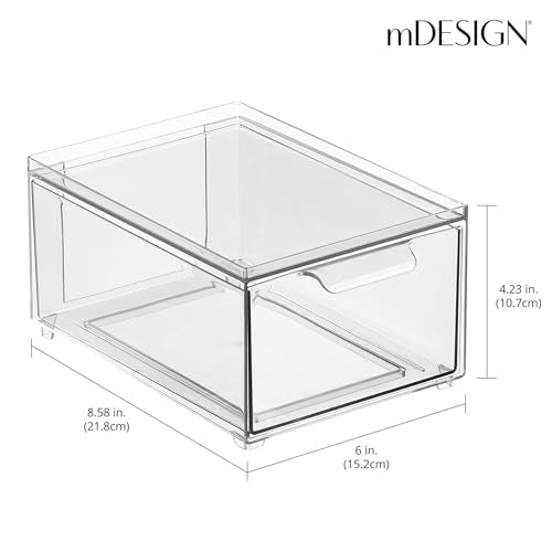 mDesign Plastic Bathroom Organizer Bin w/Pull Out Drawer - Slim Stackable Storage Container for Bathroom Accessories - Perfect for Organizing Bathroom Cabinet - Lumiere Collection - 8 Pack - Clear - size: 8 x 6 x 4 (Pack of 8)