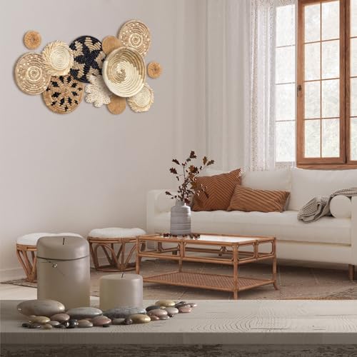 11 Pcs Boho Hanging Wall Basket Decor Handmade Woven Basket Wall Decorative Boho Wicker Baskets Placemats Round Farmhouse Bulrush Art for Rustic Home Decorations Christmas Gift(Rustic) - style: Rustic