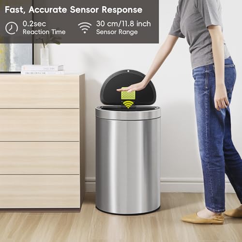 EKO Mirage Semi-Round Motion Sensor Trash Can, 47 Liter / 12.4 Gallon Automatic Large Kitchen Trash Can with Deodorizer Compartment, Removable Lid and Bucket, Matte Stainless Steel - size: Mirage 47L - Stainless Steel