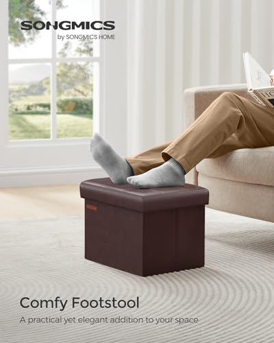 SONGMICS Small Folding Storage Ottoman, Foot Rest Stool, Cube Footrest, Synthetic Leather, 12.2 x 16.1 x 12.2 Inches, 286 lb Capacity, for Living Room, Bedroom, Dorm, Chestnut Brown ULSF100K02 - color: Chestnut Brown, style: Synthetic Leather