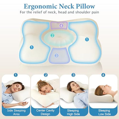 Cervical Neck Pillow for Deep Sleep Medium Firm Cooling Memory Foam Pillow, Dual Height Ergonomic Contour for Gentle Neck Shoulder Support, Side Back Stomach Sleepers