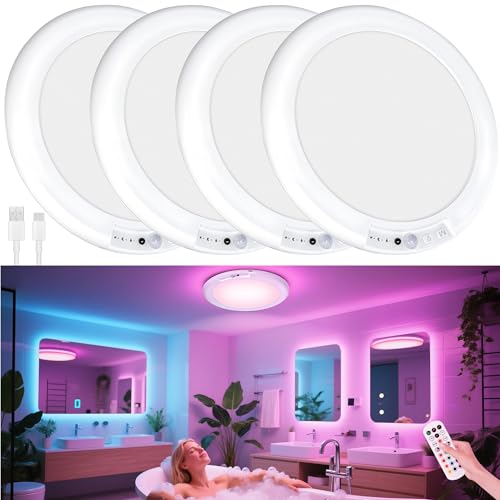 maylit Shower Lights 4 Pack, RGBW Rechargeable Ceiling Light, Waterproof Battery Operated Lamp, Wireless Stick on Inside Motion Sensor Mood LED Lighting for Bathroom No Wiring, Indoor - color: RGBW, size: 4 Pack