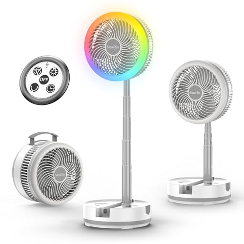 Socool 40000mAh Battery Operated Foldable Fan,Rechargeable Standing Fan, Remote Control & Colorful Light, Oscillating Telescopic, Timer & Digital Display, Foldaway Fans for Camping Travel Outdoor - color: White, size: 10inch