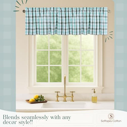 Gingham Valance Curtains, 2 Pack, 54x18 Inches, 100% Cotton Farmhouse Window Valances, Rod Pocket Curtain for Kitchen, Bedroom, Bathroom, Living Room, Mint Green - Aqua Green - White - color: Multi Green - Gingham, size: 18"W x 54"L (Pack of 2)