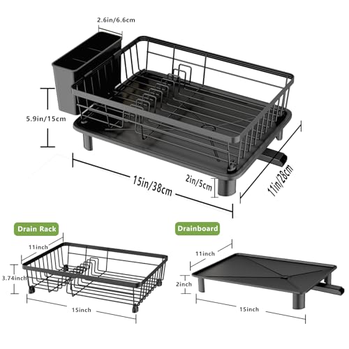 Dish Drainer Rack with Drip Tray, Sink Dish Drainer with Drainage Spout, Stainless Steel Dish Drying Rack with Cups, Utensil & Cutting Board Holders for Kitchen Counter Space-Saving, Black - color: Black