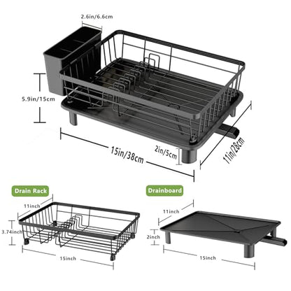 Dish Drainer Rack with Drip Tray, Sink Dish Drainer with Drainage Spout, Stainless Steel Dish Drying Rack with Cups, Utensil & Cutting Board Holders for Kitchen Counter Space-Saving, Black - color: Black