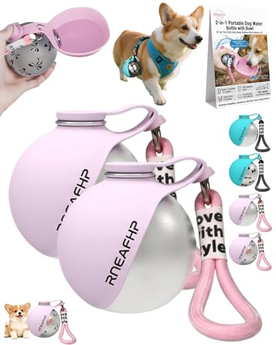 Dog Water Bottle with Bowl 2-in-1 Portable Leak Proof 10 OZ Puppy Travel Drink Dispenser for Large Medium Small Breeds Stainless Steel Hydration Tumbler Buddy Cup for Dogs Pets Outdoor(2Pink A) - color: 2Pink A