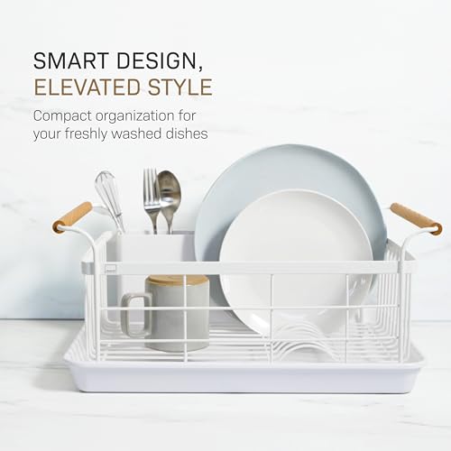 YAMAZAKI Home Dish Drying Rack – Modern White Dish Rack for Kitchen Counter with Removable Drying Tray and Cutlery Holder, Steel + Wood Dish Drying Organizer - Steel + Wood -