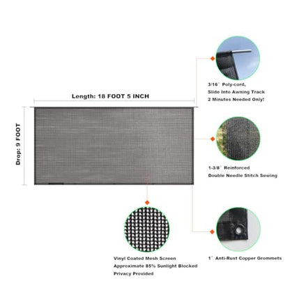 Shadeidea RV Awning Sun Shade Screen for Awning - 9' X 18' 5'' Black Mesh Sunshade Motorhome Camping Trailer UV Sunblocker Canopy Sunscreen - 3 Year Warranty - size: 9' 0'' x 18' 5'' -Actual Measurement