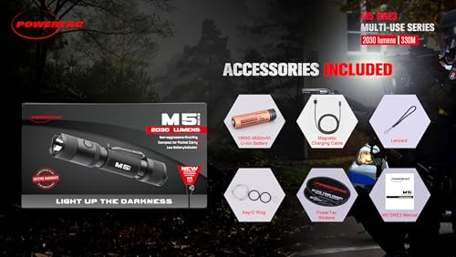 PowerTac M5-G3 2030 Lumens Rechargeable Tactical Flashlight, 330M Throw with Magnetic Charging and Dual Switch, LED Flashlight for Outdoor Emergency