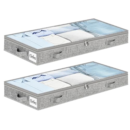3 Inch Low Profile Under Bed Storage Drawer 2 Pack, Lightweight Underbed Clothes Storage Container Bins With NO STURCTURE, Shallow Storage Bag for Dorm & Home, With Clear Lids & Water-Resistant Fabric - color: Soft-Gray-2 Pack, size: 3 Inch