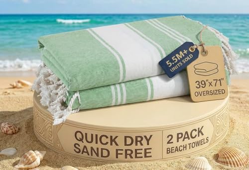 LANE LINEN Turkish Beach Towels, 2 Pack Extra Large Beach Towel, Pre-Washed for Soft Feel, Oversized Sand Free Quick-Dry Pool Towel, Beach Towels for Adults,39"x71" - Jade Green - color: 11: Jade Green, size: Pack of 2