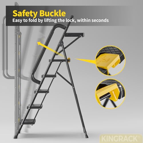 KINGRACK 5 Step Ladder, Sturdy Steel Step Stool with Anti-Slip Wide Pedals, Handrail, Safe-Lock Design, 800lbs Folding Portable Ladder for Multi-Purpose, Home, Kitchen - size: 5-Steps with tool tray