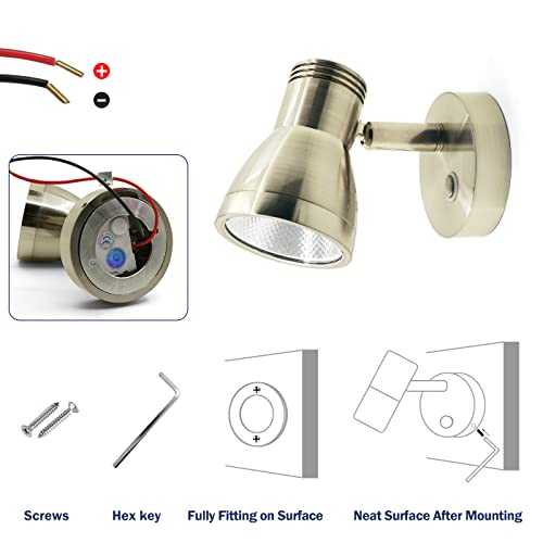 THALASSA RV Overhead Reading Light 12V LED Spotlight Camper Motorhome Interior Warm Light Brushed Nickel with Blue Small Reminder Light, Adjustable Touch Dimmer Switch 3W DC 10-30V - color: Brushed Nickel Finish