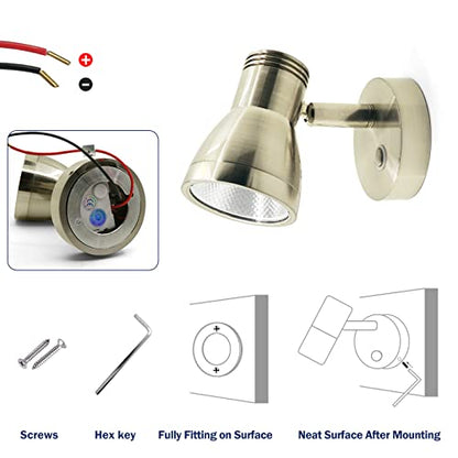 THALASSA RV Overhead Reading Light 12V LED Spotlight Camper Motorhome Interior Warm Light Brushed Nickel with Blue Small Reminder Light, Adjustable Touch Dimmer Switch 3W DC 10-30V - color: Brushed Nickel Finish