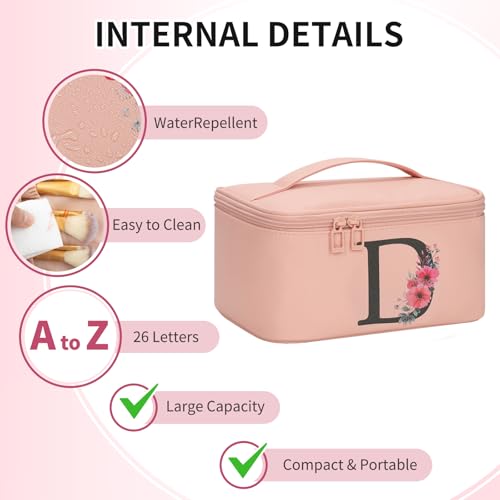 OCHEAL Initial Makeup Bag,Monogram Make up Bag Pink Travel Makeup Organizer Case Beauty Toiletry Cosmetic Bag with Brush Holder, Trendy Stuff Personalized Gifts for Women and Girls-D - color: Pink, style: D
