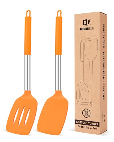 Pack of 2 Silicone Solid Turner, Non Stick Slotted Kitchen Spatulas, High Heat Resistant BPA Free Cooking Utensils, Ideal Cookware for Fish, Eggs, Pancakes (ORANGE) - color: Orange