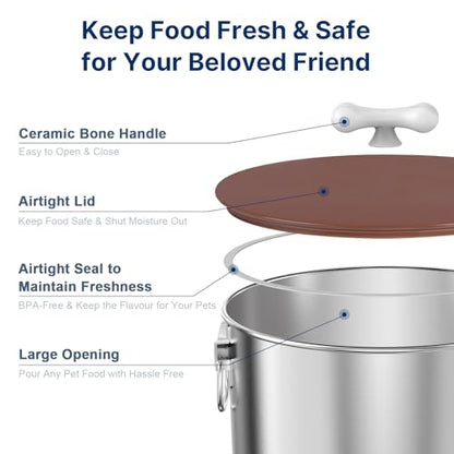 Paw Libero 35 Lbs Stainless Steel Dog Food Storage Container with Airtight Lid & Ceramic Bone Handle, Large Metal Dog Food Bin for Dogs & Cats, Keep Fresh, Easy to Clean - size: 35 lbs