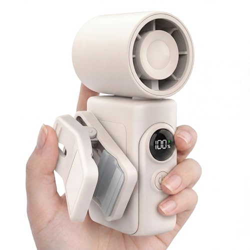 Handheld Fan Portable Handheld/Clip-on Dual Mode Travel essentials | 0.26lb Mini Fan6-hour long battery life 4-Speed LED Power Display for Outdoor/Commute/Office/Travel/Stroller,Gifts for Women - color: Beige
