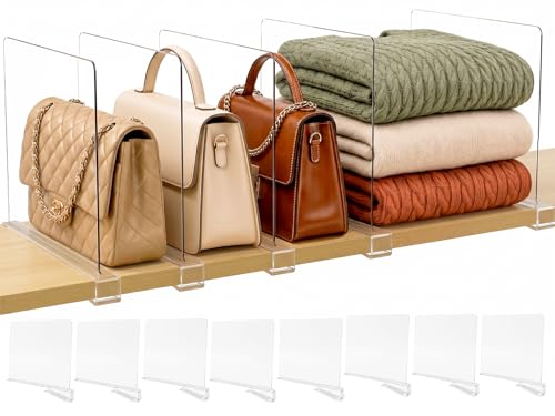 SortNStore Shelf Dividers Purse Organizer for Closet: 8-Pack Acrylic Bag Storage Organizer for Handbags, Clutches, Clothes, Sweater, Towel on Wood Shelves - color: Clear:8-pack, size: Standard: 8" Tall X 12" Deep