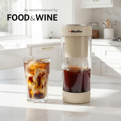 Mueller RapidBrew Cold Brew Coffee Maker – 10 Min Fast Brew Portable Rechargeable Cold Brew Pitcher Machine for Coffee & Tea – Adjustable Strength 10-99 Min – 20 Servings Per Charge, Cappuccino Beige - color: Cappuccino Beige