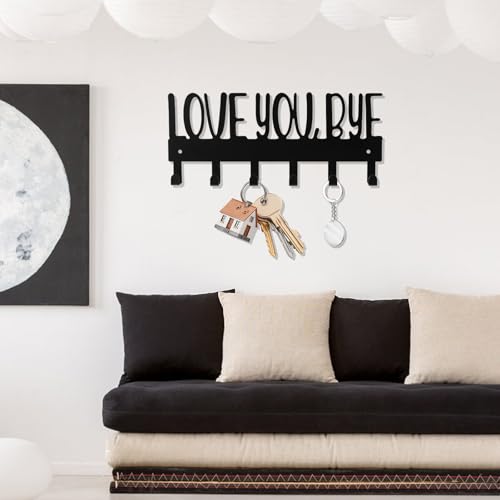 Lyreh Love You Bye Sign Key Holder Hook, Metal Wall Mount Hanger Rack with 2pcs Nails & Caps for Key Coats Hats Easy Installation Ideal Entryway Decor Home Organization Gift(Black) - style: Love You Bye