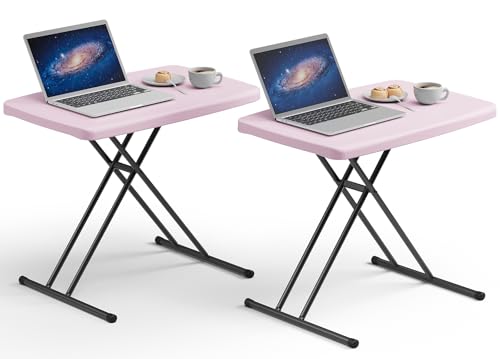 30 Inch Folding Table Set of 2, Adjustable Height TV Tray for Small Spaces, Heavy Duty Foldable Utility Table for Laptop, Dining, Camping, No Assembly, 200 lbs Capacity, Pink Granite - color: Pink, size: 30 Inch-2pack