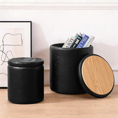 oakvivo Round Ottoman with Storage Set of 2, 12.6" W x 14.17" H & 14.76" W x 17.32" H Faux Footstool Storage Ottomans for Bedroom, Living Room Padded Coffee Table Ottomen, Black - color: Black
