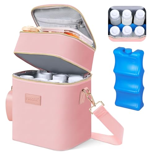 PIIOSER Breastmilk Cooler Bag with Ice Pack Fits 6 Baby Bottles Up to 9 Ounce, Insulated Baby Bottle Tote Bags, Double Layer Waterproof Leak-Proof with Shoulder Strap for Nursing & Working Mom (Pink) - color: Pink