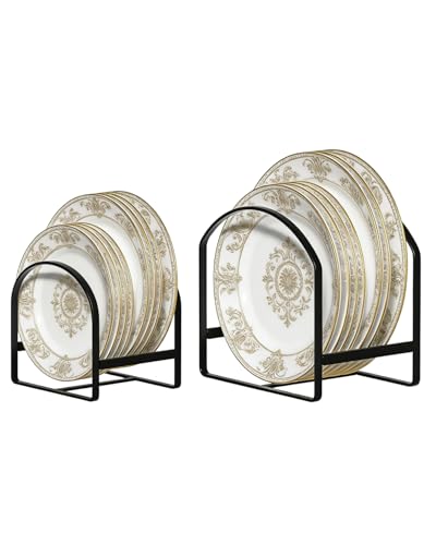 LINFIDITE 2 Pack Kitchen Plate Holder Organizer for Cabinet Space Saver Dinner Plate Storage Rack Upright Dish Drying Racks Metal Dish Stand for Cupboard Countertop Rustproof Black (1 Large 1 Small) - color: Black, size: 1large1small Semicircle