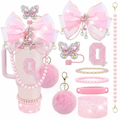 Letter Stickers Bling Accessories Set for Stanley 40/30/20 oz Tumbler: Bow Straw Topper, Charms, Butterfly Cap, Pearl Strap, Silicone Boot, Accessories for Stanley Quencher H2.0 - color: Pink Peony, style: Q