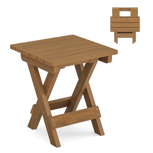 LUE BONA Small Outdoor Folding Side Table, HDPS Outside End Table for Patio, Porch, Deck, Pool, 14 Inch Height, Teak Color Oil Printed - color: Teak Color Oil Printed